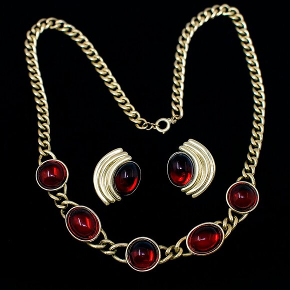 Vintage Gold and Red Necklace w Pierced Earrings Set Statement Style - Hey Viv - Picture 1 of 6